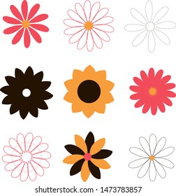 Set of different simple colorful vector flowers.  