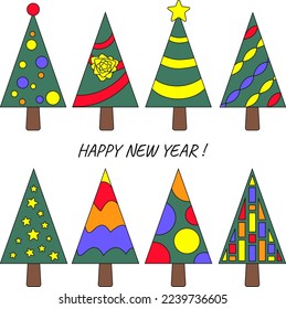 Reihe von verschiedenen einfachen Designs von Weihnachtsbäumen, Happy New Year Card
