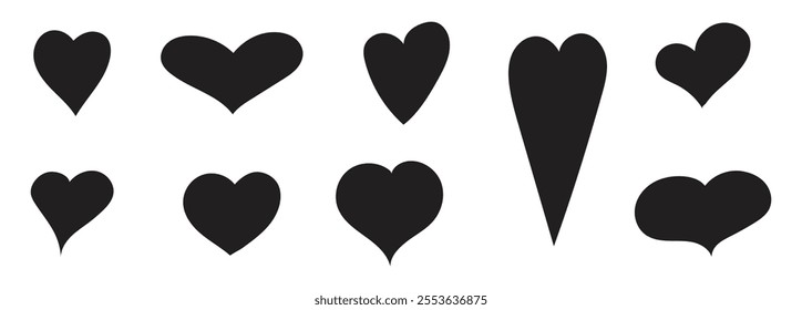 Set of different simple hearts. Black heart icons. Vector silhouettes of hearts of different shapes for websites, cards, design, Valentine's day.