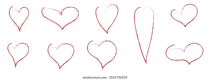 Set of different simple hearts with hand draw lines. Red heart icons. Vector outline of hearts of different shapes for websites, cards, design, Valentine's day.