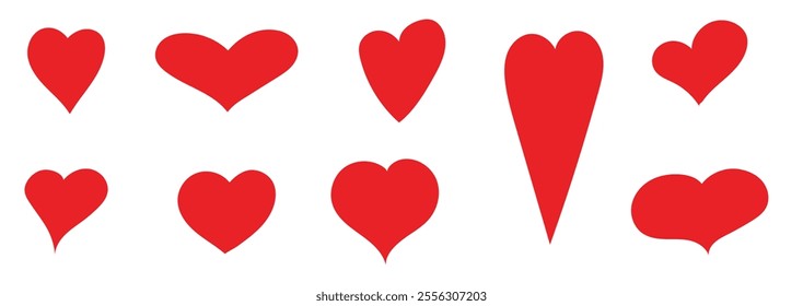 Set of different simple hearts. Red heart icons. Vector silhouettes of hearts of different shapes for websites, cards, design, Valentine's day.