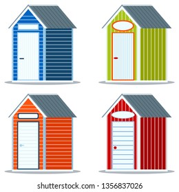 Set of different simple multicolor wooden or pvc plastic beach huts with empty sign icon isolated on white background. Summer elements graphic desing collection. Vector illustration flat cartoon style