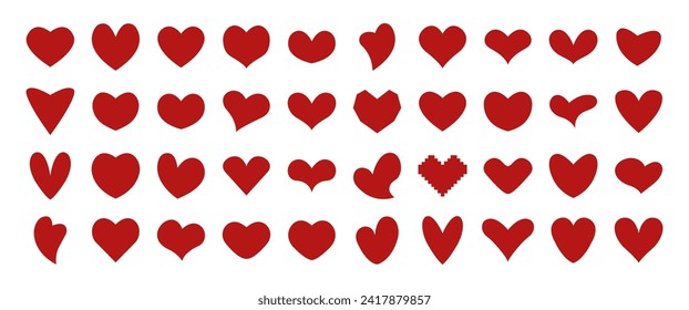 Set different simple red hearts isolated on white for Valentines day card or t-shirt design. Hand drawn style. Vector illustration