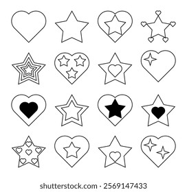 Set of different simple stickers of hearts and stars. Outline icons of stars and hearts.