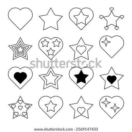 Set of different simple stickers of hearts and stars. Outline icons of stars and hearts.