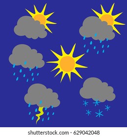 Set of different simple weather illustrations on blue background