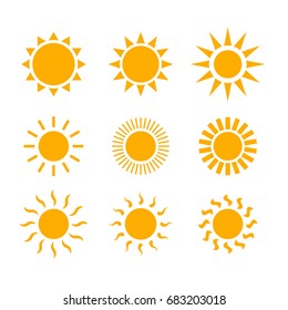 Set of Different Simple Yellow Orange Sun Icons on White Background - Spiky and Wavy Rays - Cartoon Nature Vector Illustration - Sunrise Sunset Graphic Logo Symbols  for Children
