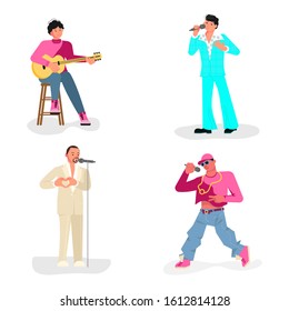 Set of different singers. Disco pop and rap artists singing into a microphone, folk singer playing guitar. Flat Art Vector illustration