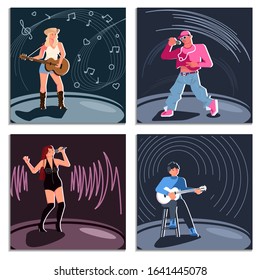 Set of different singers. Disco pop and rap artists singing into a microphone, folk singer playing guitar. Flat Art Vector illustration