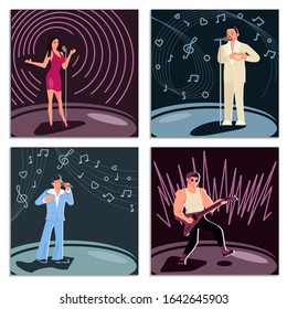 Set of different singers. Disco pop and rap artists singing into a microphone, folk singer playing guitar. Flat Art Vector illustration