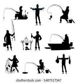 Set of different situations with a fisherman while fishing. A fisherman catches fish and sits in a boat, with a fishing rod, a net. Isolated vector illustration with black silhouette of a fisherman.