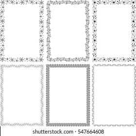 Set of different six frame borders with snowflakes, candies, molecules, leaves, ornament. A4 rectangular format size. Vector illustration.