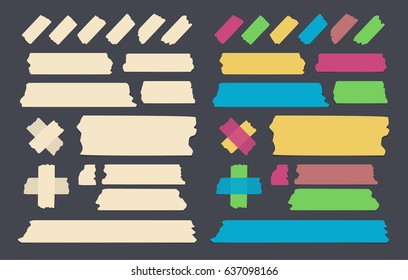 Set of different size, colorful and brown sticky paper, adhesive, masking tape stuck on black background