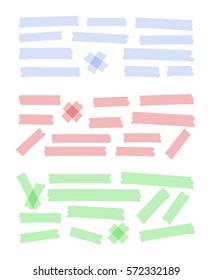 Set of different size, colorful sticky paper, adhesive, masking tape are on white background