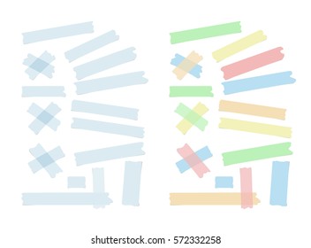 Set of different size, colorful sticky paper, adhesive, masking tape are on white background