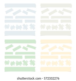 Set of different size, colorful sticky paper, adhesive, masking tape are on white background
