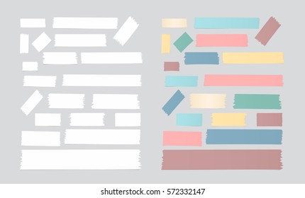 Set of different size, colorful and white sticky paper, adhesive, masking tape are on gray background