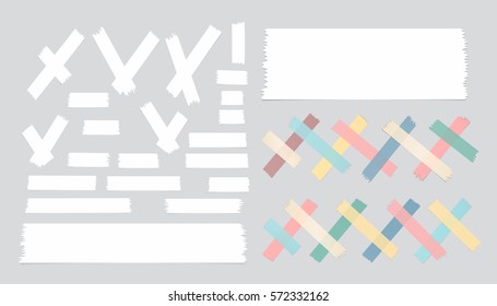 Set of different size, colorful and white sticky paper, adhesive, masking tape are on gray background