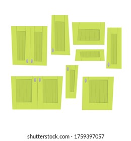 Set of different size green lockers. Interior design. Vector cartoon flat illustration isolated on white background.