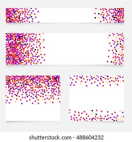Set of different size horizontal vector banners with confetti style circle pattern. Holyday, colorful, minimalistic background