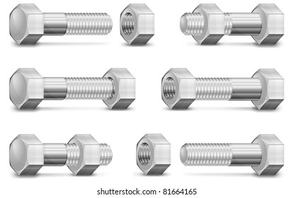 Set Of Different Size Metal Bolts And Nuts Isolated On White, Vector Illustration