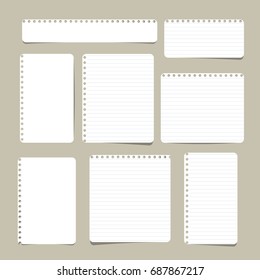 Set of different size ruled and blank note, notebook, copybook paper sheets.
