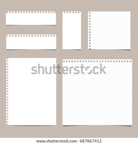 Set of different size ruled and blank note, notebook, copybook paper sheets.