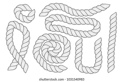 Set of different size and shapes white ropes are isolated on white background.