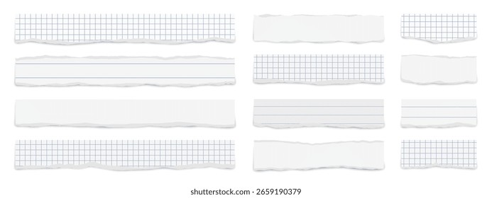 Conjunto de hojas de papel de cuaderno de página rasgada de diferente tamaño con sombras. Piezas de papel de cuadrícula y líneas en blanco para mensaje o aviso.