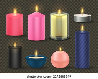 Set of different sized candles isolated on a transparent background. A colorful wax candles. A vector illustration