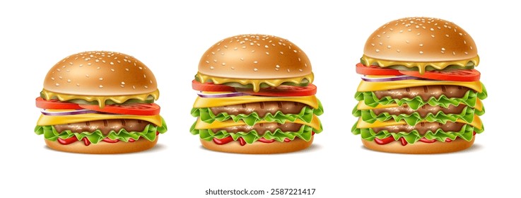 Set different sized hamburgers. Small medium and huge, realistic isolated food, various cheeseburger, natural grilled cutlets, cheese and vegetables. Menu object. Vector 3d isolated concept