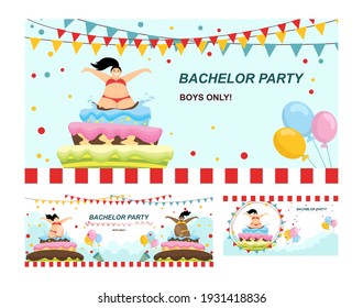 Conjunto de imágenes de diferentes tamaños para la decoración y las invitaciones a fiestas con pasteles y bailarines. Estilo de caricatura. Vector