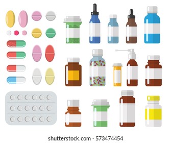 Set of different sized medical containers, bottles, phials, and different pills