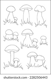 Set of different sizes bolete mushrooms outlined in black and white, contours of different forms of mushrooms, silhouettes of porcini.