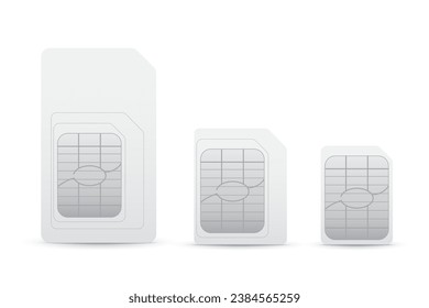 Set of different sizes SIM cards. White SIM, micro and nano cards with chrome chip for mobile phone. Vector gsm simcards 3d design isolated on white background.