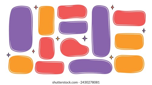 A set of different sizes and types of frames for text. Textbox in doodle and hand drawn style. Colored blank template. Shapes and figures. Quote. Speak bubbles. Talk. Minimalist trendy modern design.