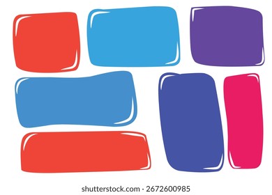 A set of different sizes and types of frames for text. Textbox in doodle and hand drawn style. Colored blank template. Shapes and figures. Quote. Speak bubbles. Talk. Minimalist trendy modern design. 