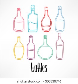 Set of different sketch colorful bottle with beverages. Hand-drawn illustration