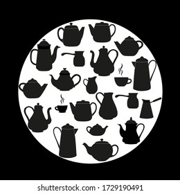 Set of different sketch teapots. Black and white illustration