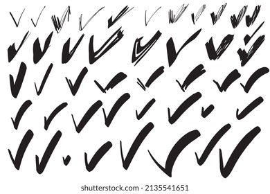 Conjunto de diferentes marcas de verificación esbozadas. Marque la colección de símbolos, los signos de marca de verificación, los iconos de aceptación simple, marca correcta y sí, símbolo correcto, ilustración vectorial de casilla. Imitación dibujada a mano