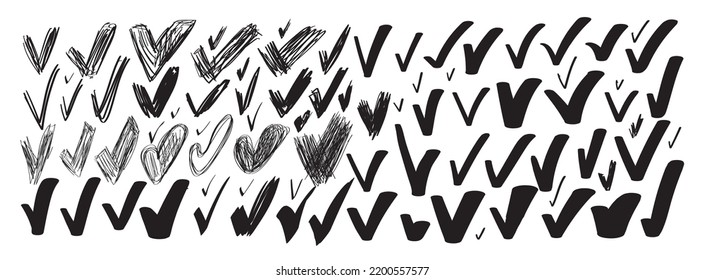 Set of different sketched check marks. Tick symbols collection, checkmark signs, simple accept icons, ok and yes mark, correct symbol, checkbox vector illustration. Hand drawn imitation