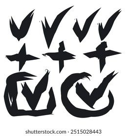 Set of different sketched check marks. Tick symbols collection, checkmark signs, simple accept icons, ok and yes mark, correct symbol, checkbox vector illustration. Hand drawn imitation