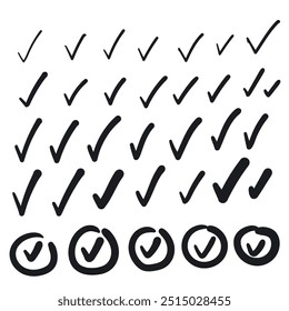 Satz von verschiedenen skizzierten Häkchen. Sammlung von Markierungszeichen, Markierungszeichen, einfache Akzeptieren von Symbolen, OK- und Ja-Zeichen, korrektes Symbol, Kontrollkästchen, Vektorgrafik. Handgezeichnete Imitation