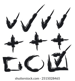 Conjunto de diferentes marcas de verificación esbozadas. Colección de símbolos de marca, signos de marca de verificación, iconos de aceptación simples, marca de ok y yes, símbolo correcto, Ilustración vectorial de Casilla de verificación. Imitación dibujada a mano