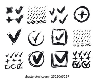 Set of different sketched check marks. Tick symbols collection, checkmark signs, simple accept icons, ok and yes mark, correct symbol, checkbox vector illustration. Hand drawn imitation