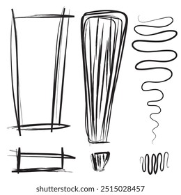 Conjunto de diferentes signos de exclamación esbozados. Colección de símbolos de información importante, signos de énfasis minimalistas, íconos de precaución simples, Ilustración vectorial de advertencia. Imitación dibujada a mano