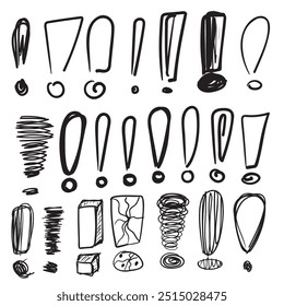 Conjunto de diferentes pontos de exclamação esboçados. Coleção de símbolos de informação importante, sinais de ênfase minimalistas, ícones de cuidado simples, ilustração de vetor de aviso. Imitação desenhada à mão