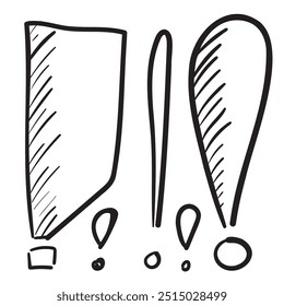 Conjunto de diferentes pontos de exclamação esboçados. Coleção de símbolos de informação importante, sinais de ênfase minimalistas, ícones de cuidado simples, ilustração de vetor de aviso. Imitação desenhada à mão
