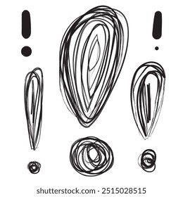 Conjunto de diferentes pontos de exclamação esboçados. Coleção de símbolos de informação importante, sinais de ênfase minimalistas, ícones de cuidado simples, ilustração de vetor de aviso. Imitação desenhada à mão