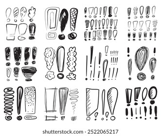 Set of different sketched exclamation marks. Important information symbols collection, minimalist emphasis signs, simple caution icons, warning vector illustration. Hand drawn imitation